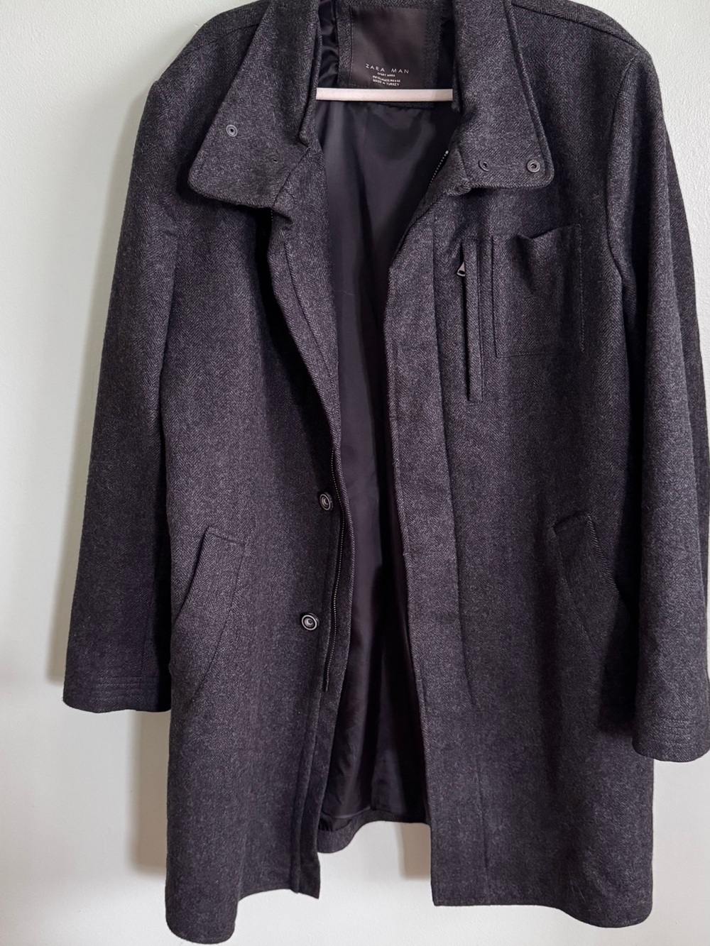 Zara Men's Dark Charcoal Wool Pea Coat - Picture 4 of 12